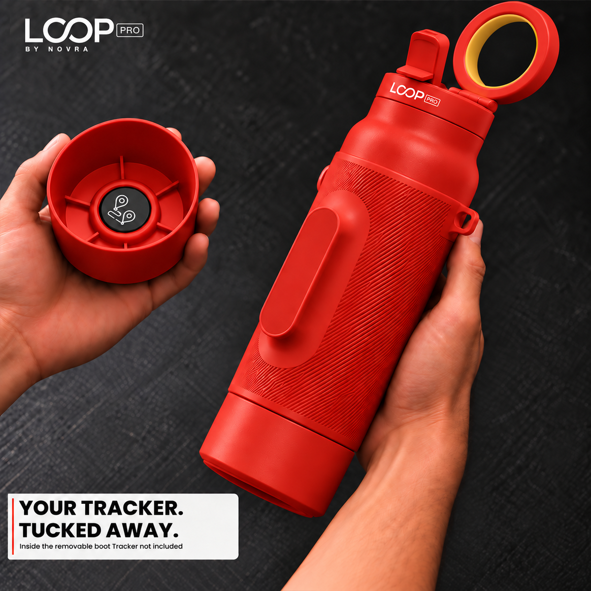 LOOP PRO bottle in Ember Red with grip sleeve and magnetic phone mount [colour:Ember]
