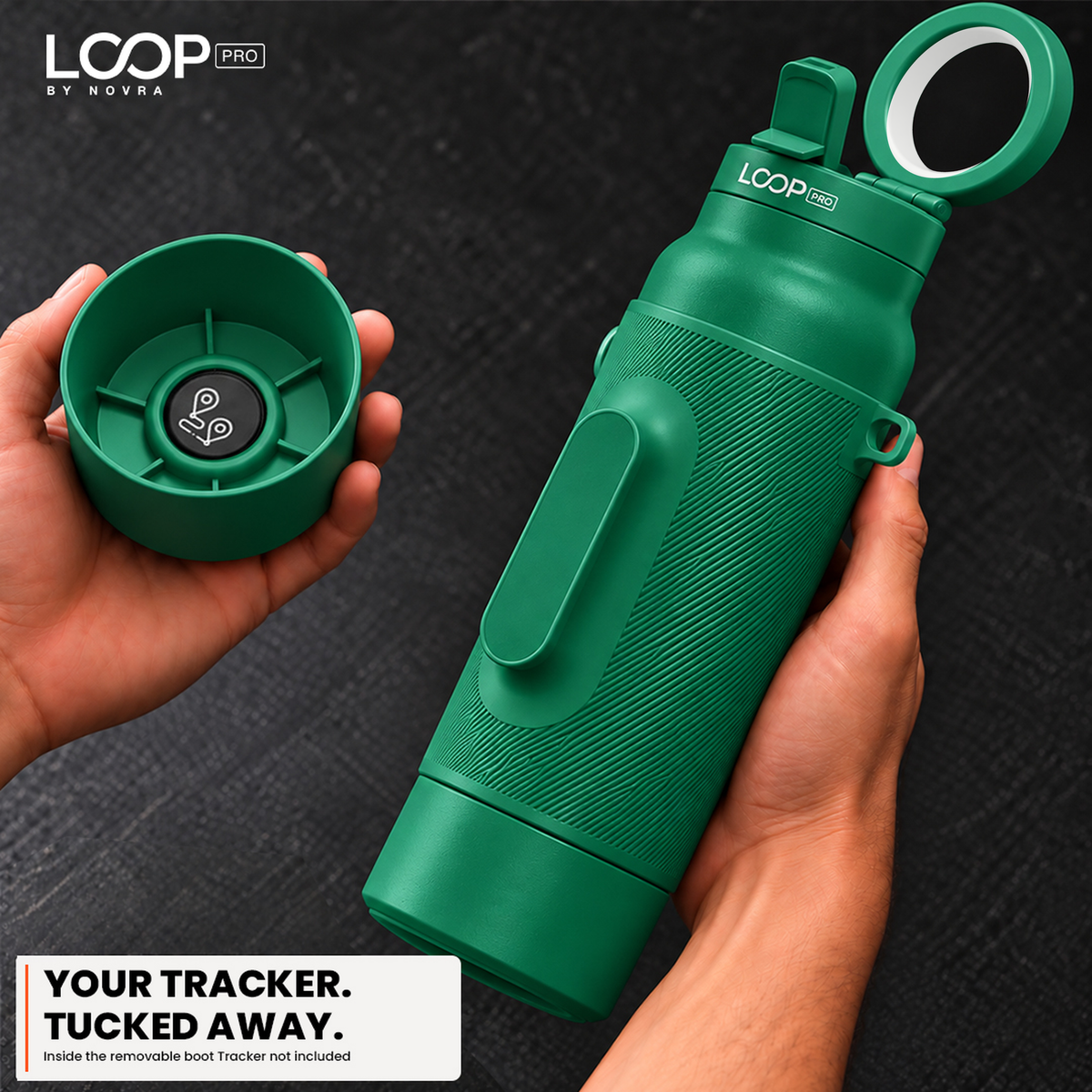 LOOP PRO bottle in Forest Green with grip sleeve and magnetic phone mount [colour:Forest]