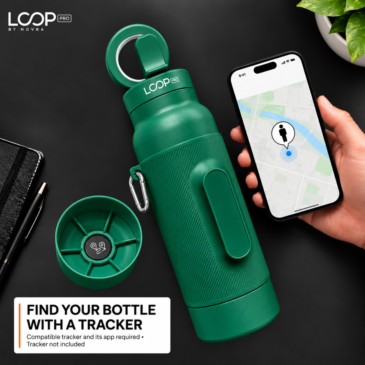 LOOP PRO bottle in Forest Green with grip sleeve and magnetic phone mount [colour:Forest]