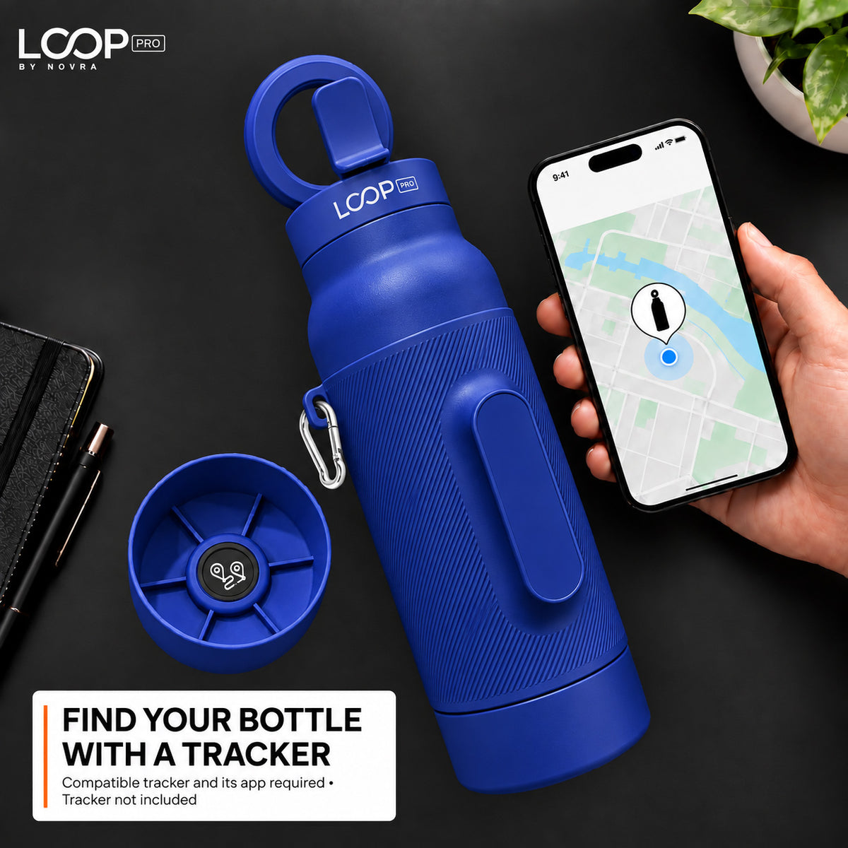 LOOP PRO bottle in Cobalt Blue with grip sleeve and magnetic phone mount [colour:Cobalt]