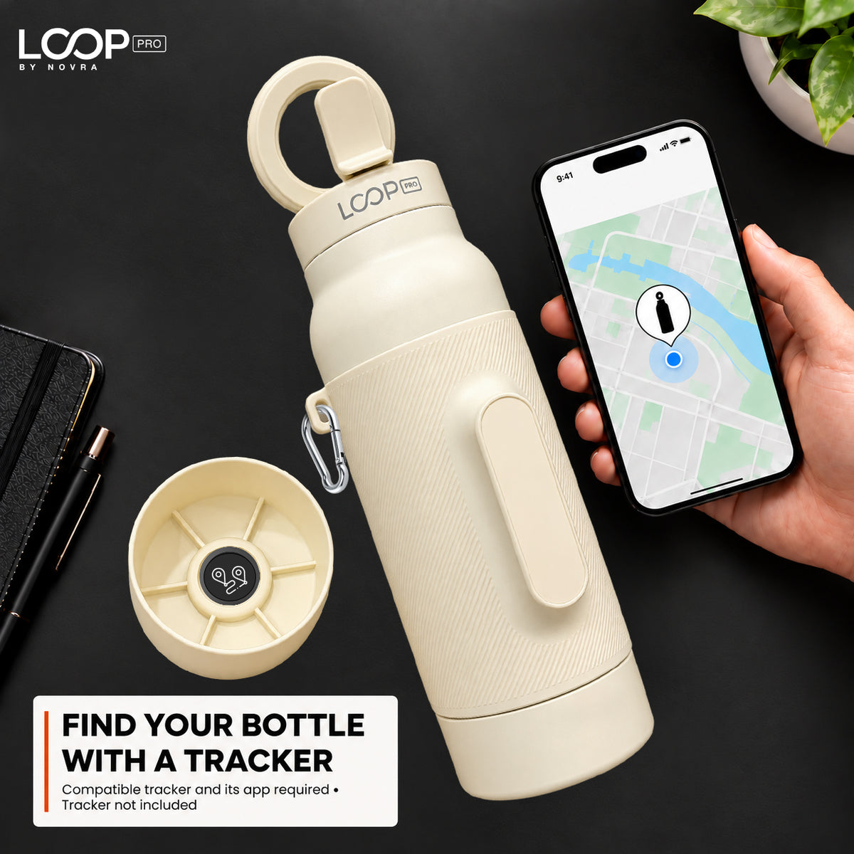 LOOP PRO bottle in Ivory Cream with grip sleeve and magnetic phone mount [colour:Ivory]