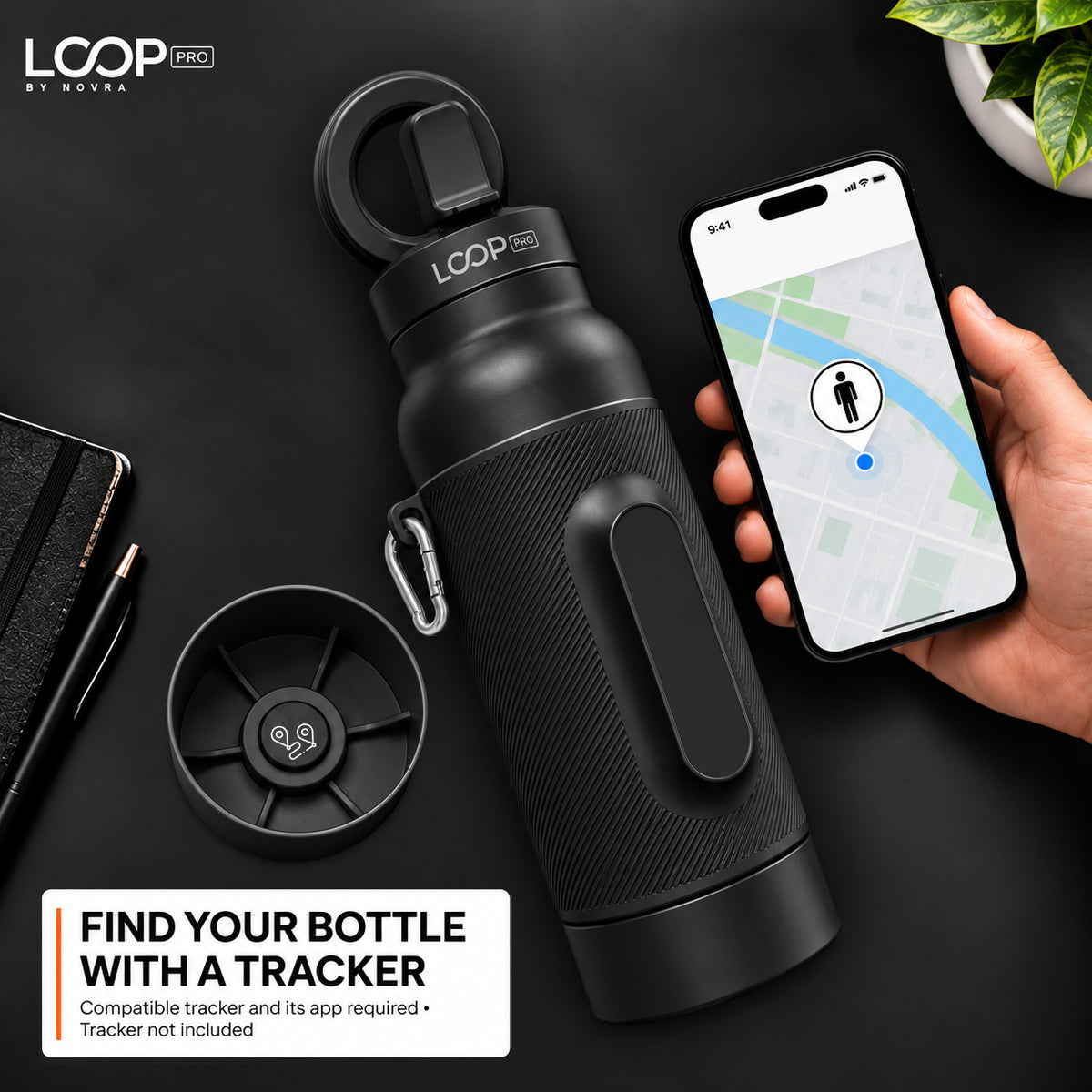 LOOP PRO bottle in Onyx Black with grip sleeve and magnetic phone mount [colour:Onyx]