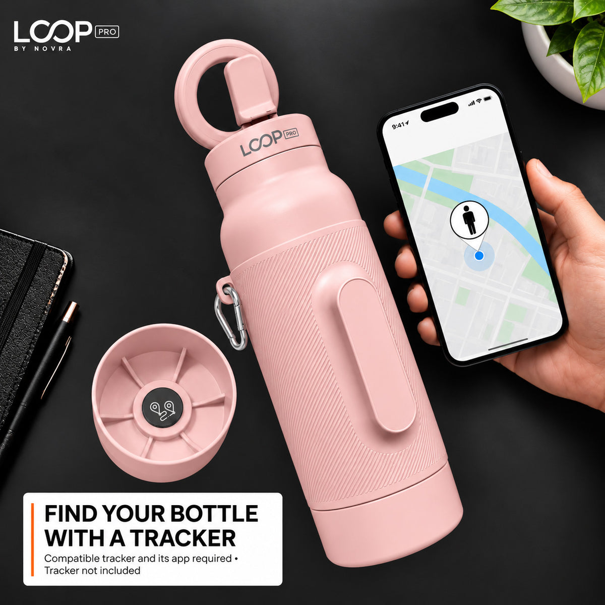 LOOP PRO bottle in Blush Pink with grip sleeve and magnetic phone mount [colour:Blush]