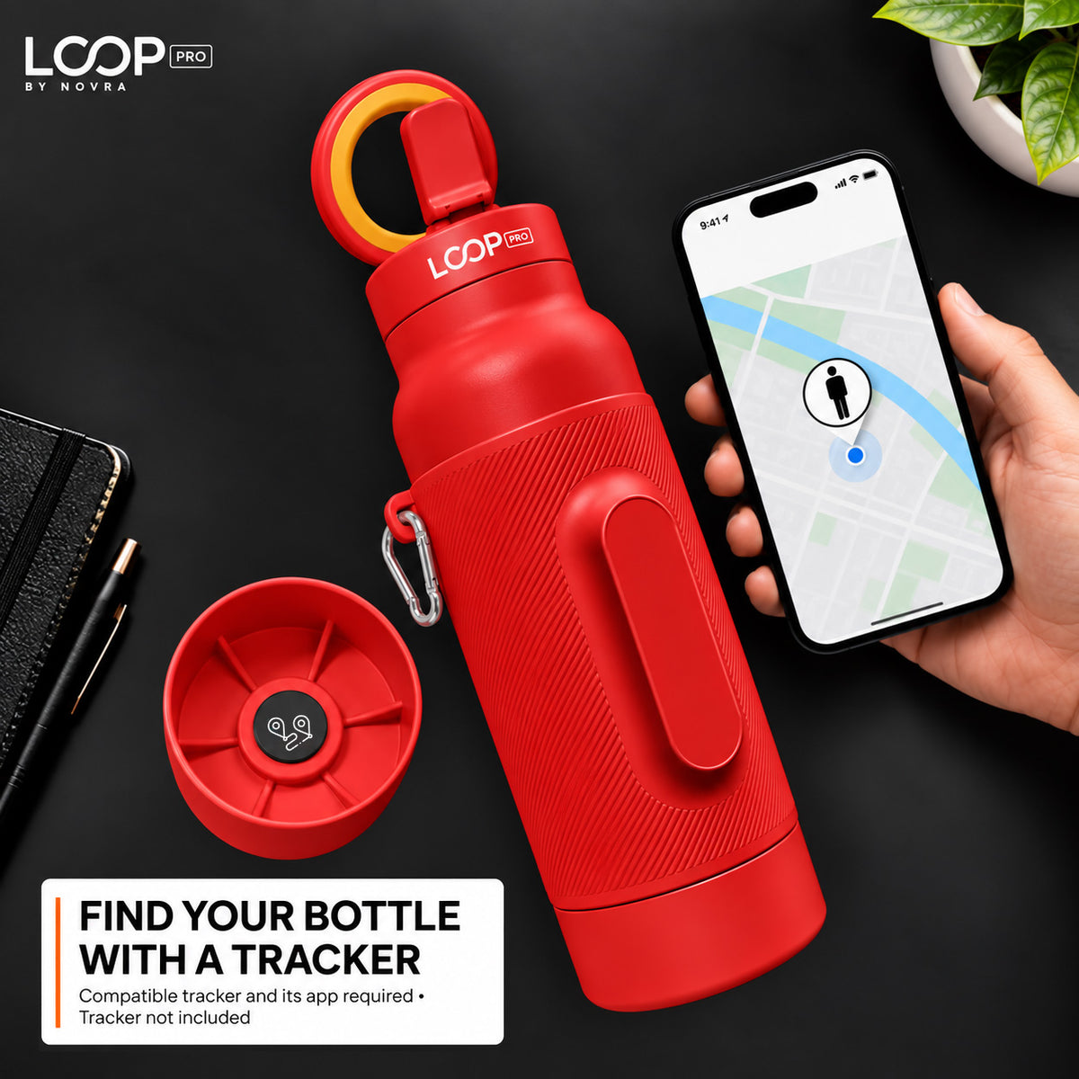 LOOP PRO bottle in Ember Red with grip sleeve and magnetic phone mount [colour:Ember]