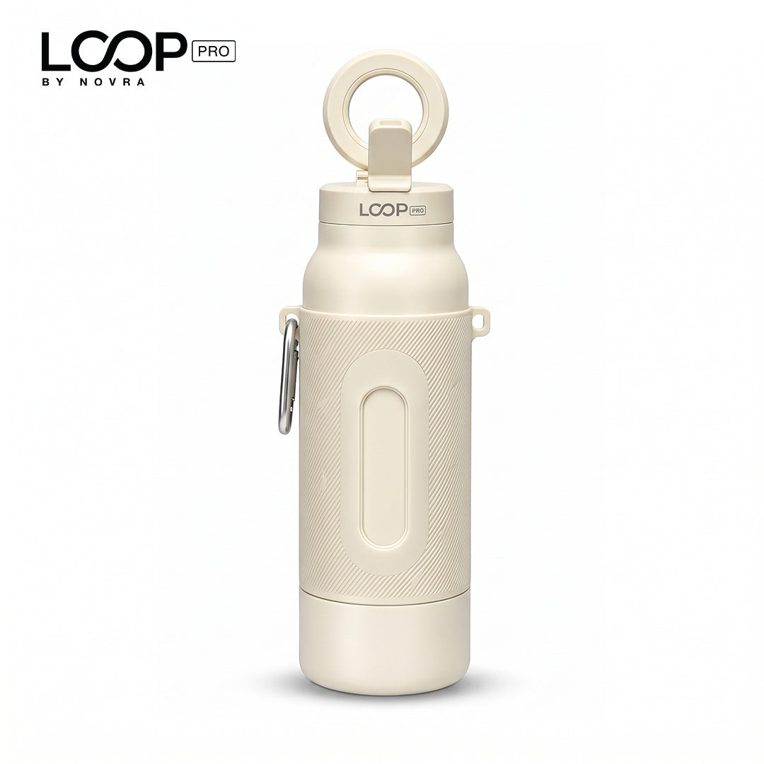 LOOP PRO bottle in Ivory Cream with grip sleeve and magnetic phone mount [colour:Ivory]