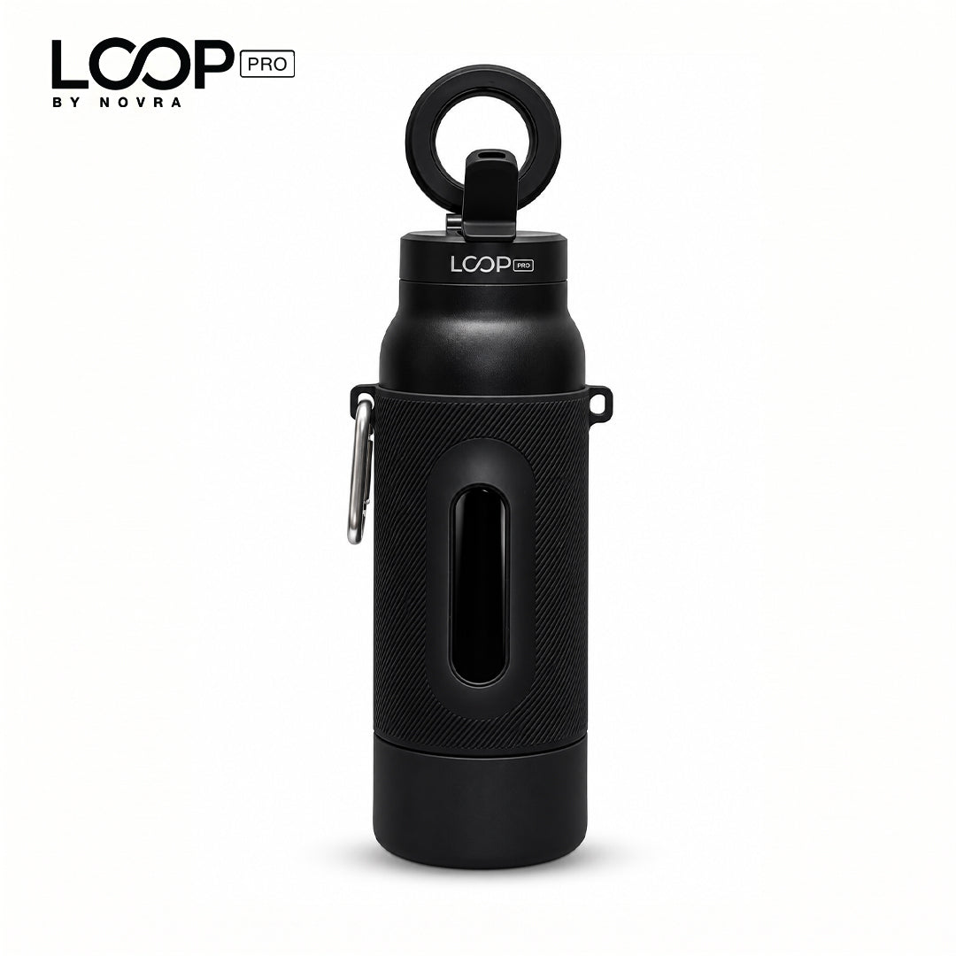 LOOP PRO bottle in Onyx Black with grip sleeve and magnetic phone mount [colour:Onyx]