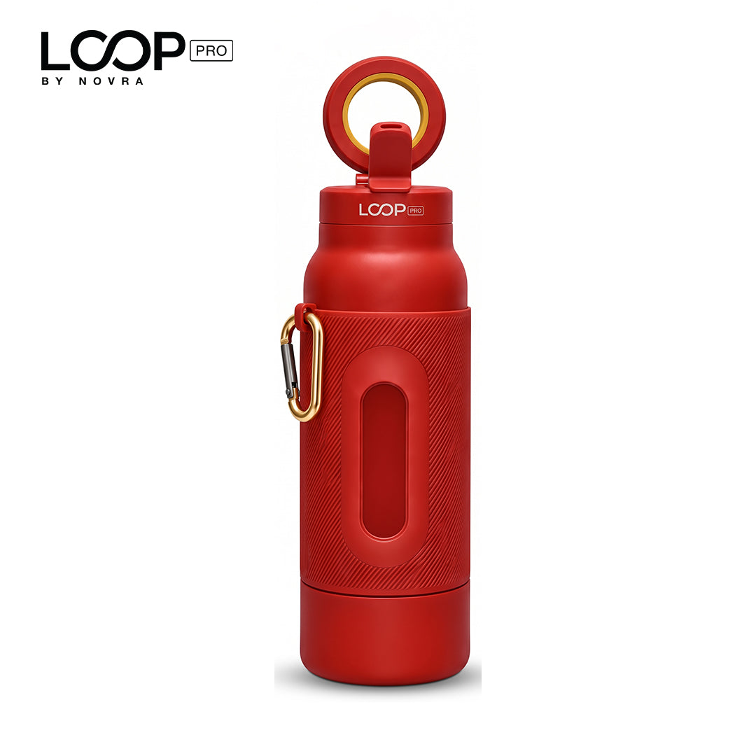 LOOP PRO bottle in Ember Red with grip sleeve and magnetic phone mount [colour:Ember]