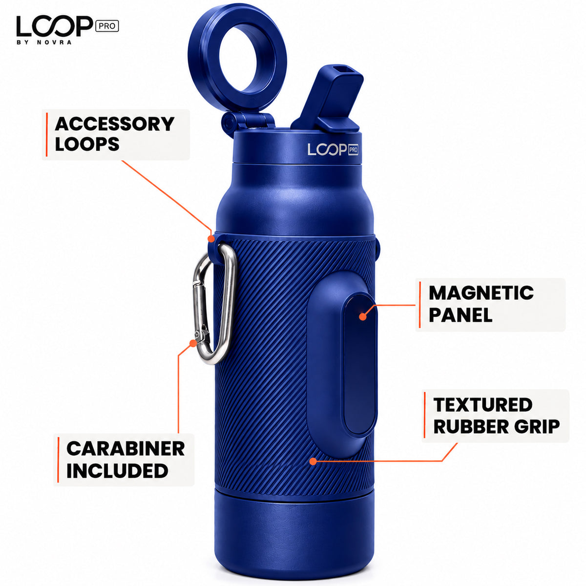 LOOP PRO bottle in Cobalt Blue with grip sleeve and magnetic phone mount [colour:Cobalt]