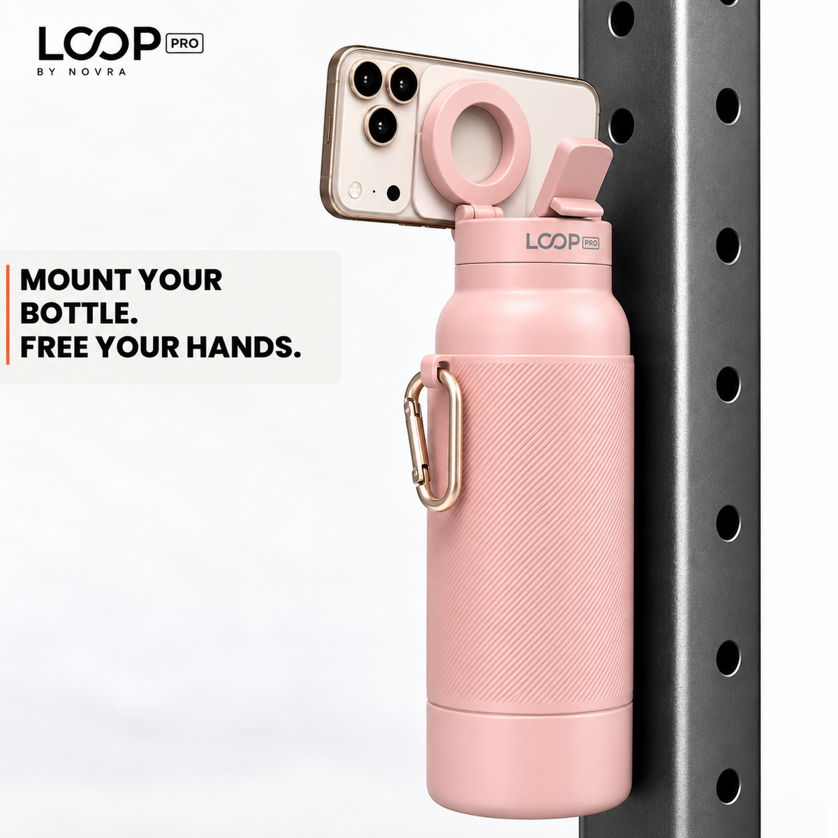 LOOP PRO bottle in Blush Pink with grip sleeve and magnetic phone mount [colour:Blush]