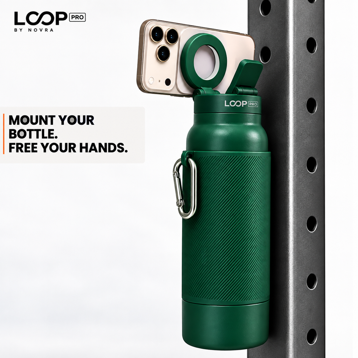 LOOP PRO bottle in Forest Green with grip sleeve and magnetic phone mount [colour:Forest]