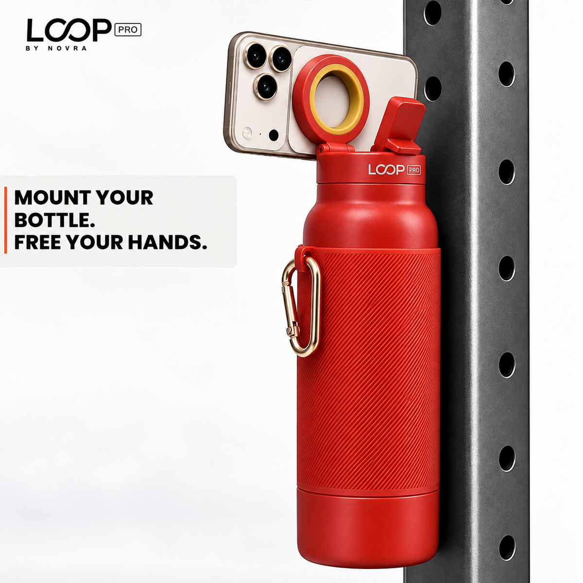 LOOP PRO bottle in Ember Red with grip sleeve and magnetic phone mount [colour:Ember]