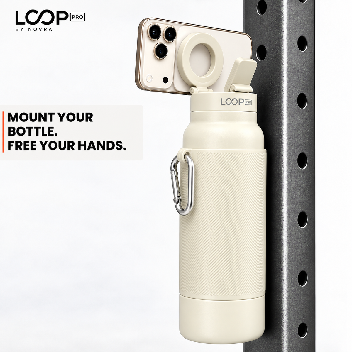 LOOP PRO bottle in Ivory Cream with grip sleeve and magnetic phone mount [colour:Ivory]