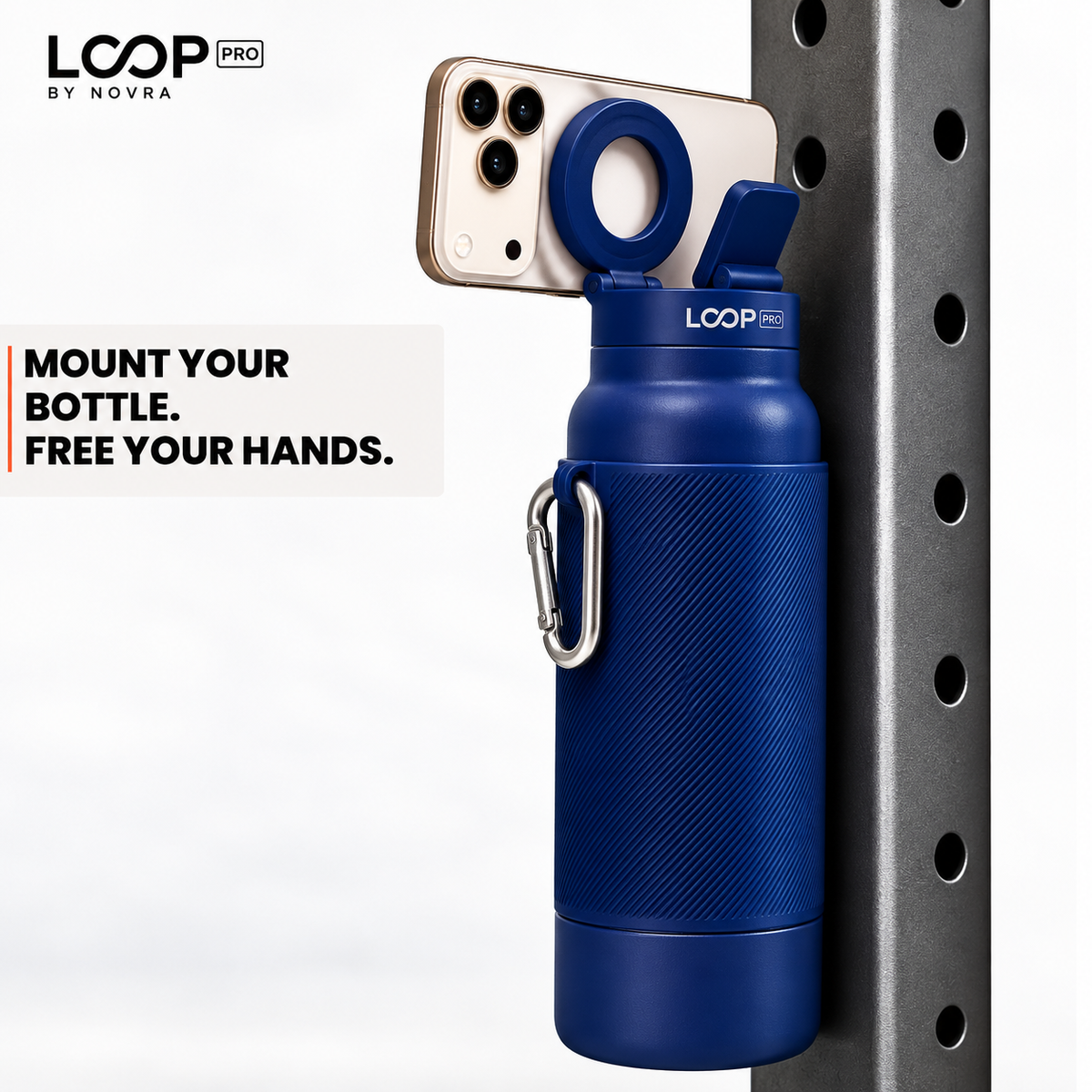 LOOP PRO bottle in Cobalt Blue with grip sleeve and magnetic phone mount [colour:Cobalt]