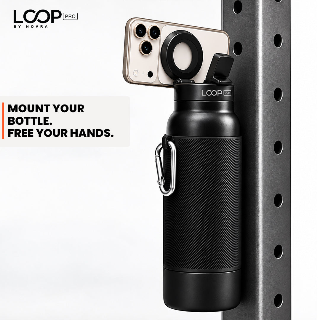 LOOP PRO bottle in Onyx Black with grip sleeve and magnetic phone mount [colour:Onyx]