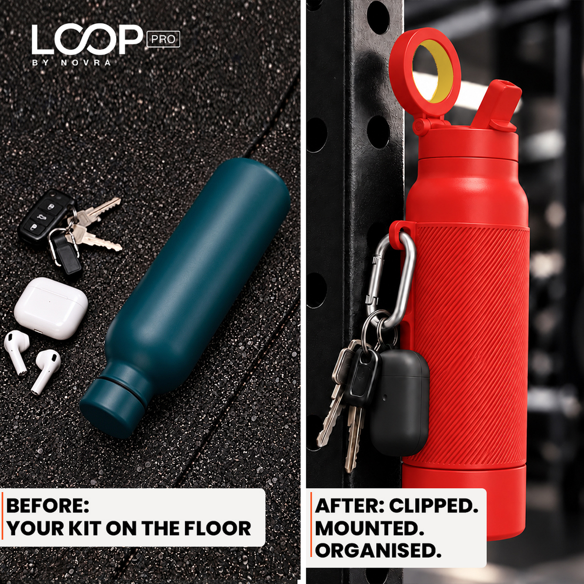 LOOP PRO bottle in Ember Red with grip sleeve and magnetic phone mount [colour:Ember]
