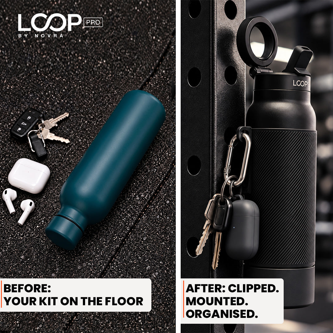 LOOP PRO bottle in Onyx Black with grip sleeve and magnetic phone mount [colour:Onyx]