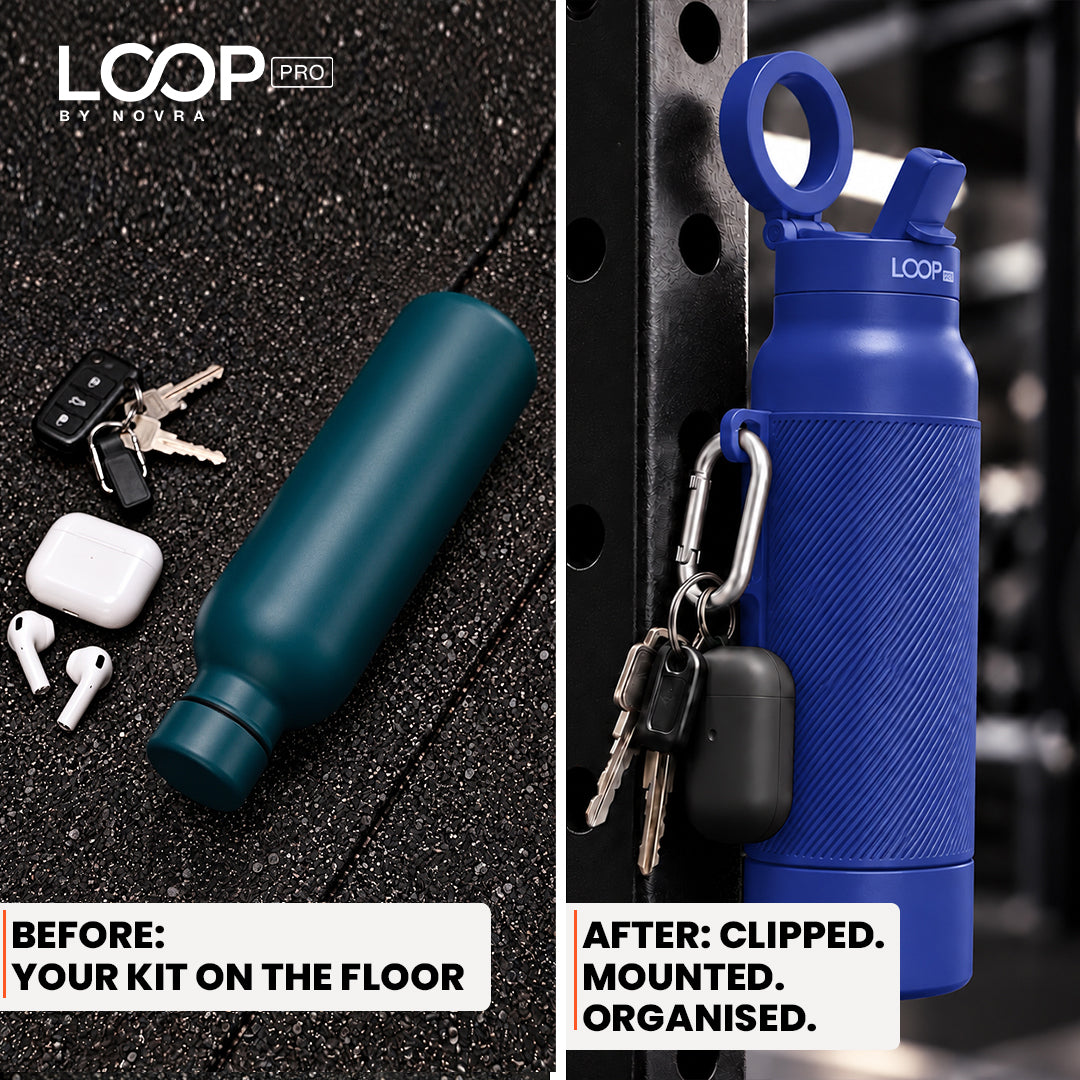 LOOP PRO bottle in Cobalt Blue with grip sleeve and magnetic phone mount [colour:Cobalt]
