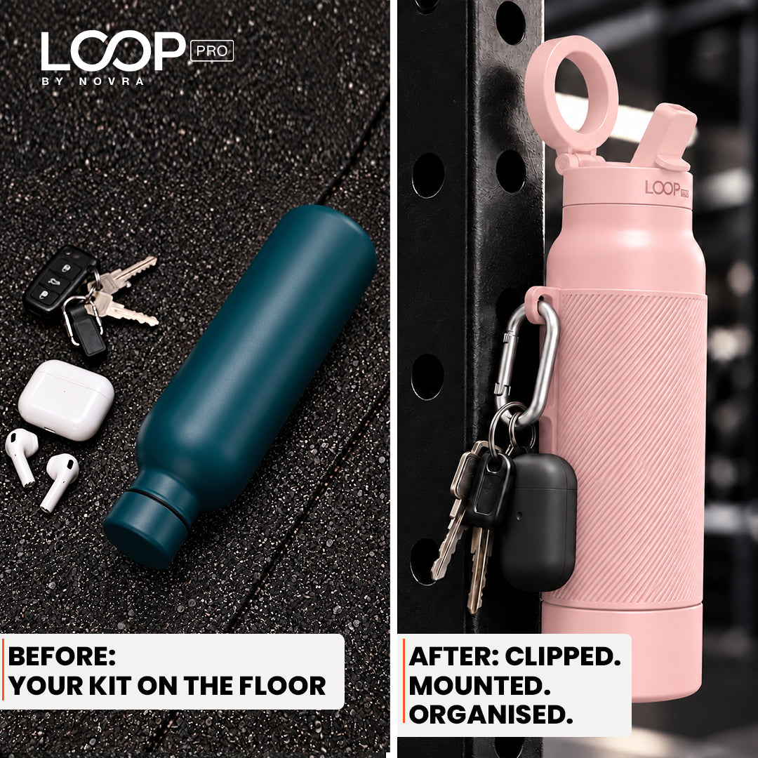 LOOP PRO bottle in Blush Pink with grip sleeve and magnetic phone mount [colour:Blush]