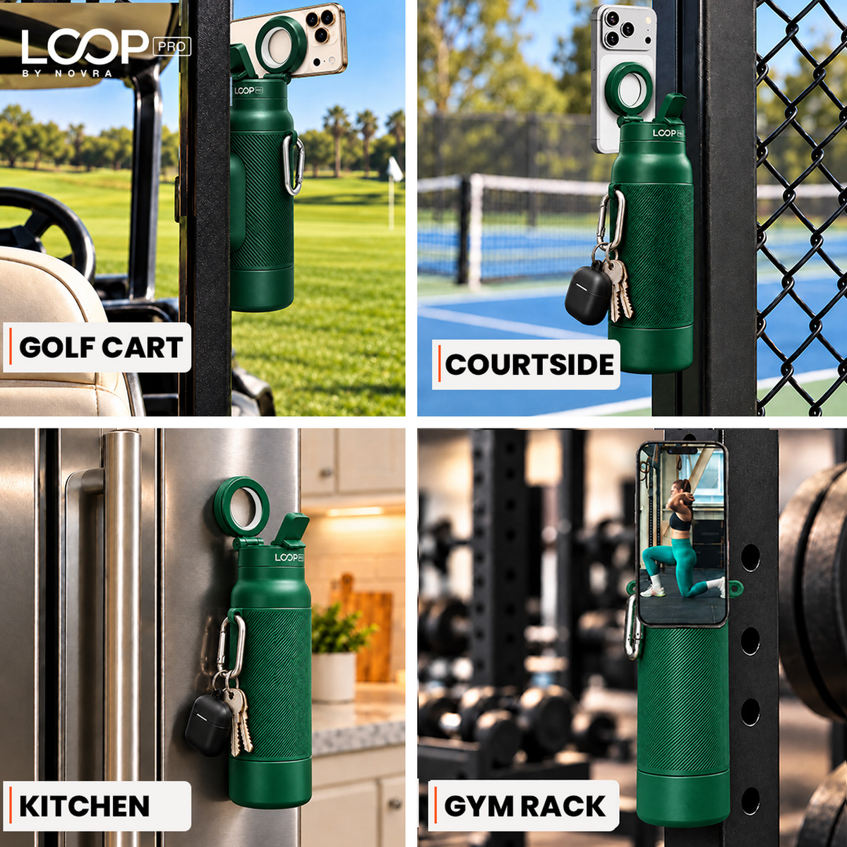 LOOP PRO bottle in Forest Green with grip sleeve and magnetic phone mount [colour:Forest]