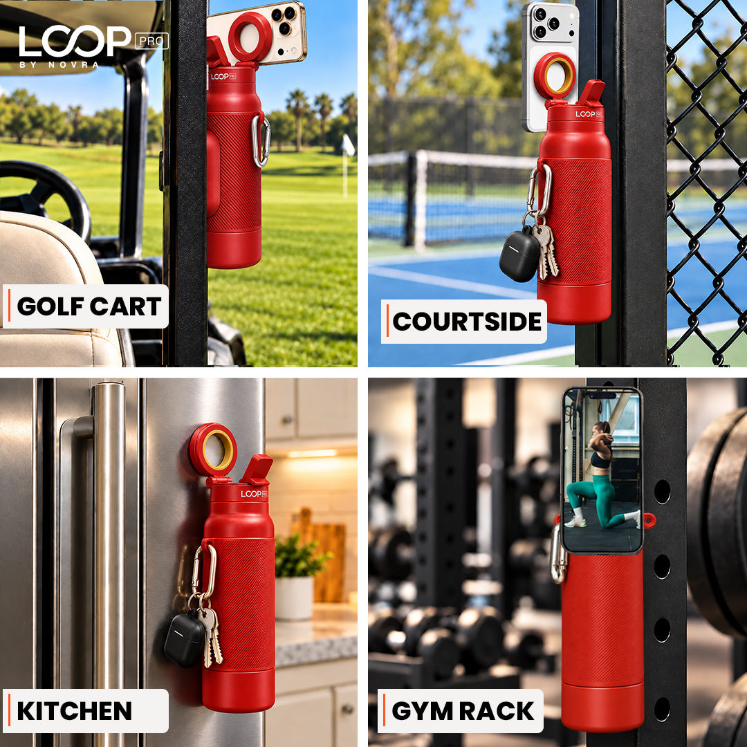 LOOP PRO bottle in Ember Red with grip sleeve and magnetic phone mount [colour:Ember]