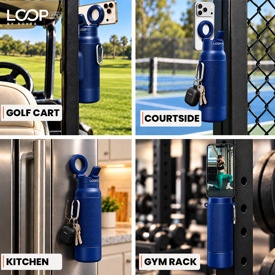LOOP PRO bottle in Cobalt Blue with grip sleeve and magnetic phone mount [colour:Cobalt]