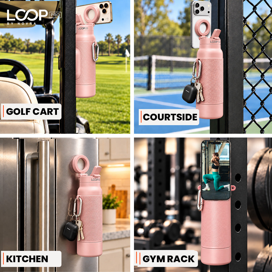 LOOP PRO bottle in Blush Pink with grip sleeve and magnetic phone mount [colour:Blush]