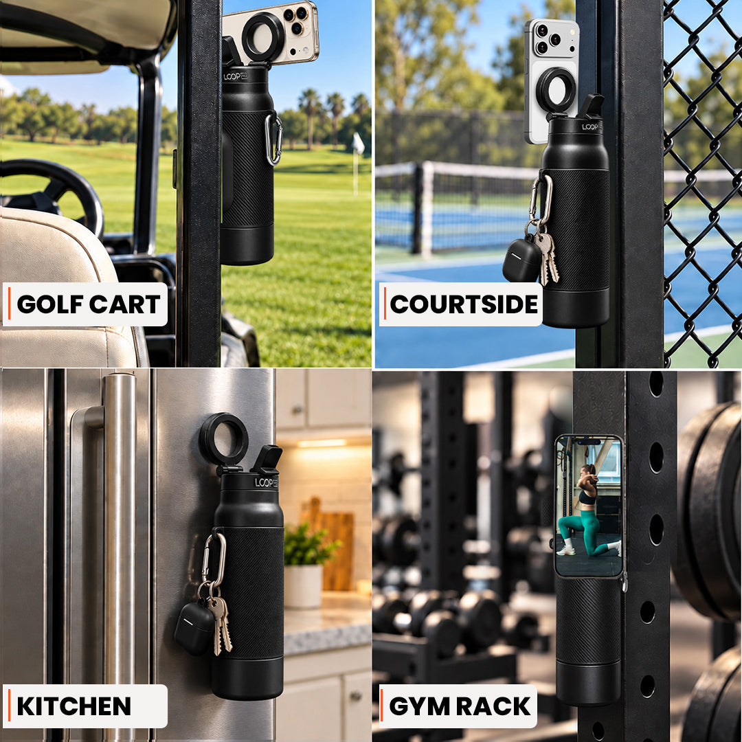 LOOP PRO bottle in Onyx Black with grip sleeve and magnetic phone mount [colour:Onyx]