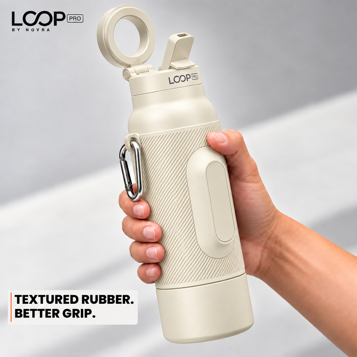 LOOP PRO bottle in Ivory Cream with grip sleeve and magnetic phone mount [colour:Ivory]