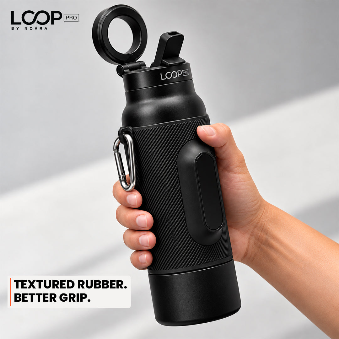 LOOP PRO bottle in Onyx Black with grip sleeve and magnetic phone mount [colour:Onyx]