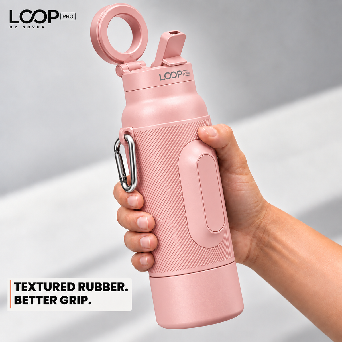 LOOP PRO bottle in Blush Pink with grip sleeve and magnetic phone mount [colour:Blush]