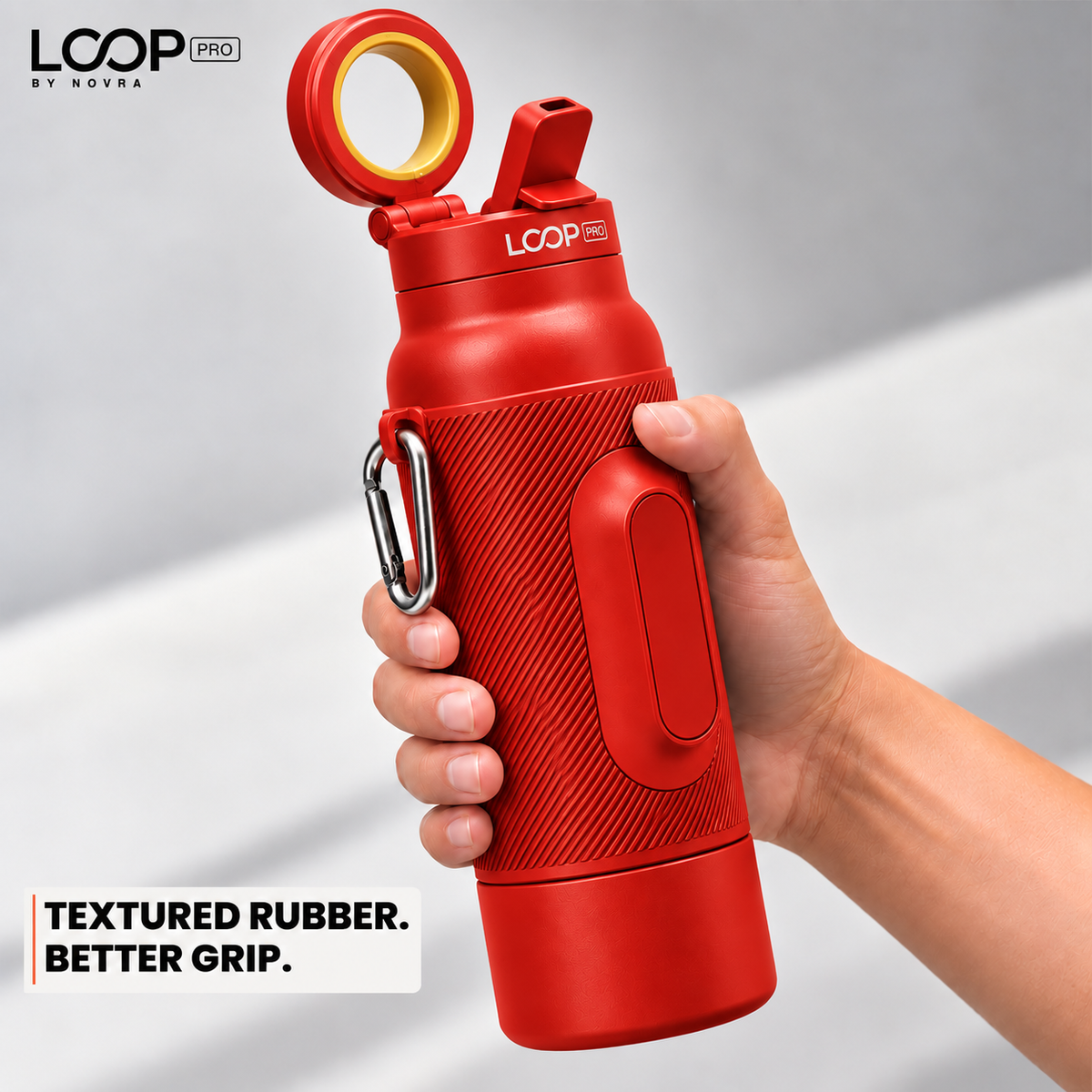 LOOP PRO bottle in Ember Red with grip sleeve and magnetic phone mount [colour:Ember]