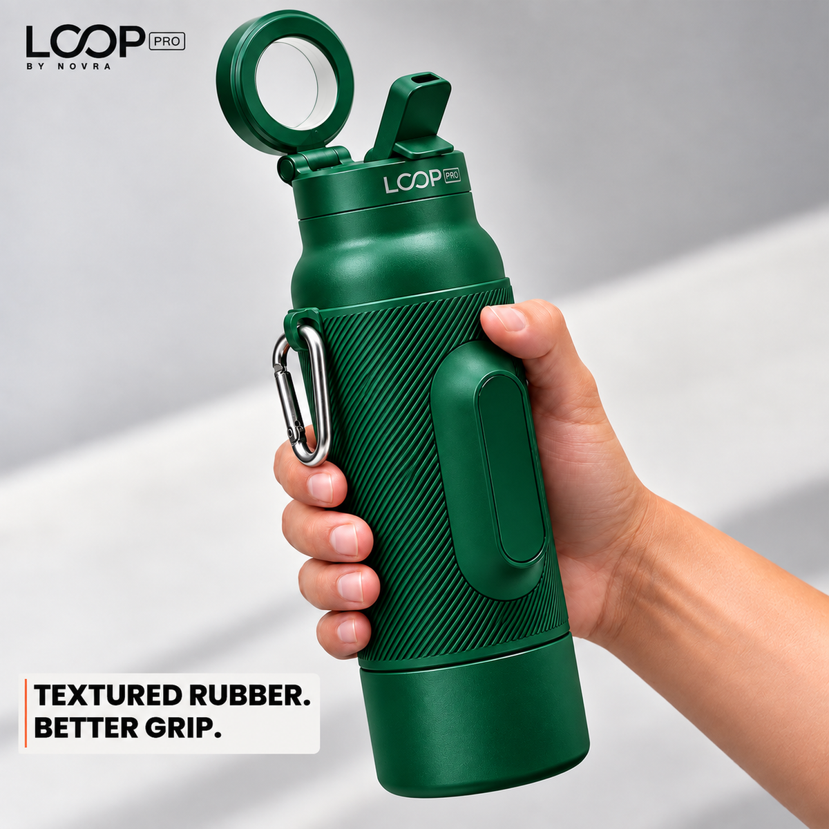 LOOP PRO bottle in Forest Green with grip sleeve and magnetic phone mount [colour:Forest]