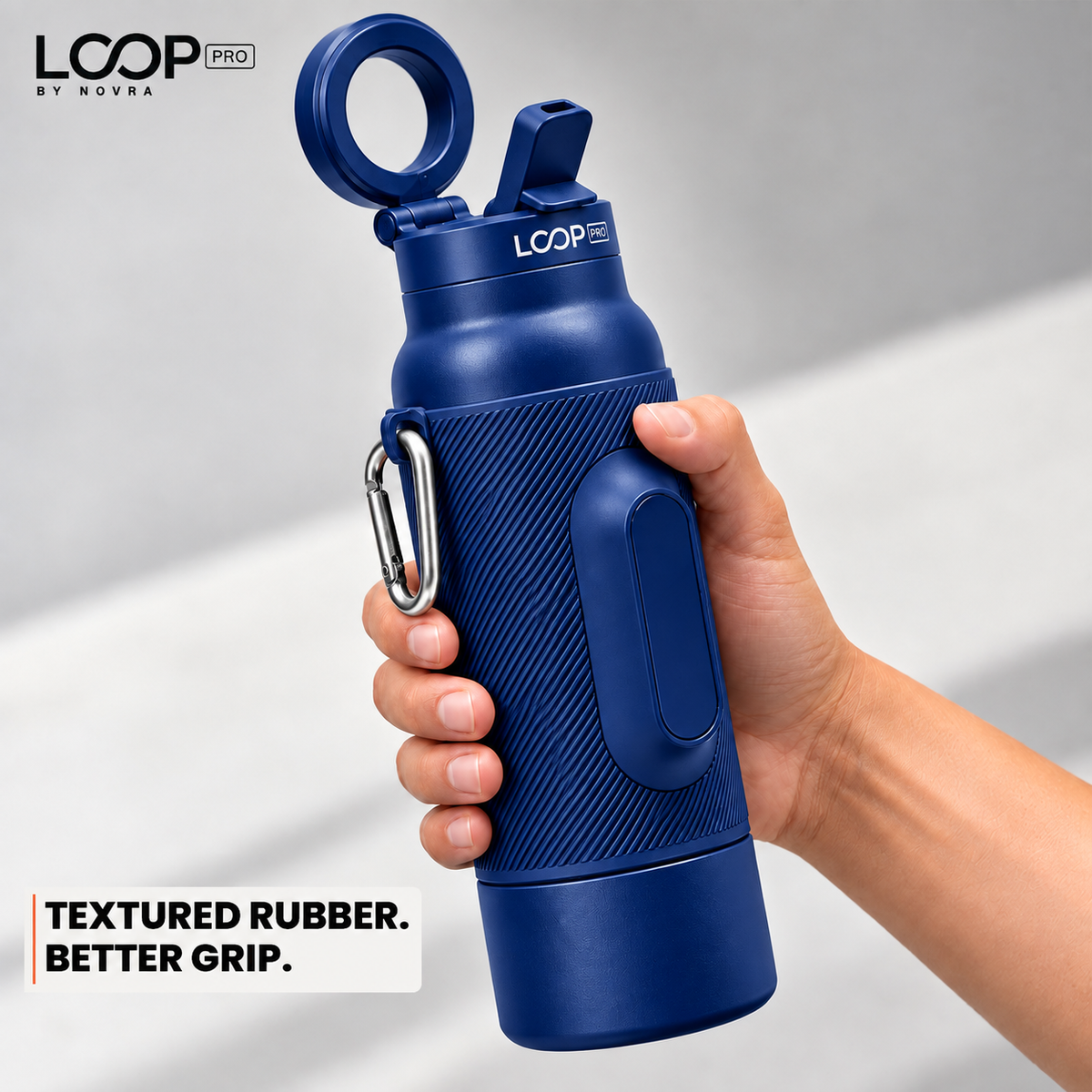 LOOP PRO bottle in Cobalt Blue with grip sleeve and magnetic phone mount [colour:Cobalt]