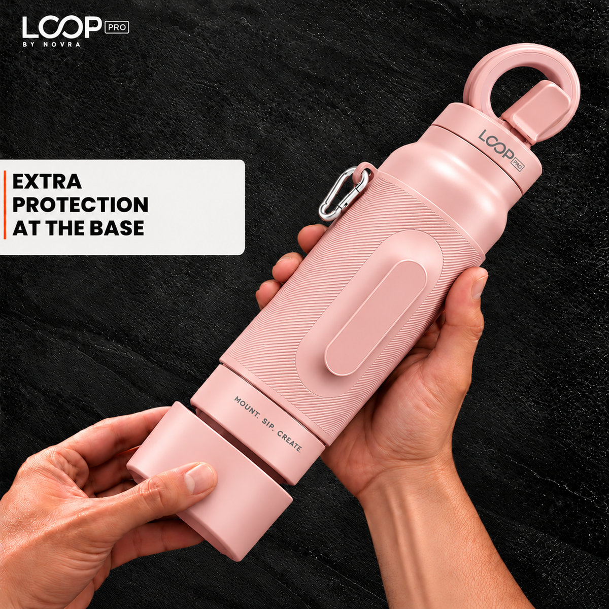 LOOP PRO bottle in Blush Pink with grip sleeve and magnetic phone mount [colour:Blush]