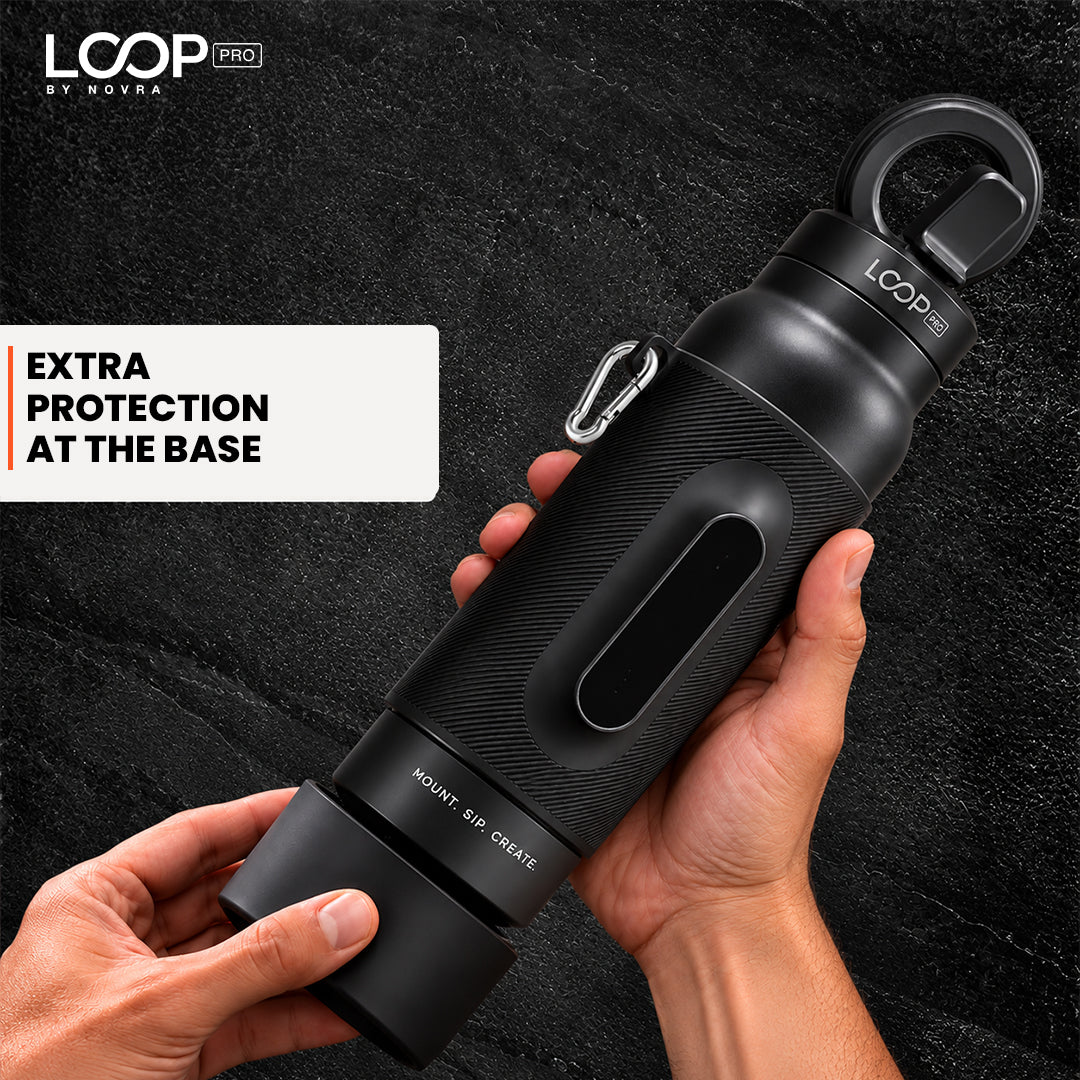 LOOP PRO bottle in Onyx Black with grip sleeve and magnetic phone mount [colour:Onyx]