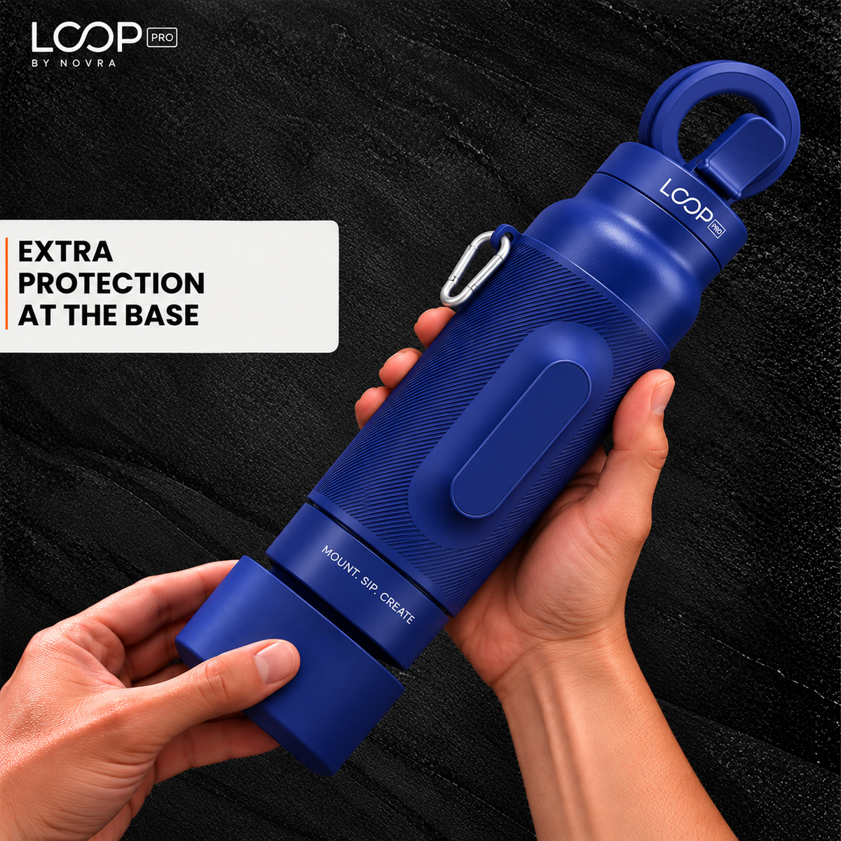 LOOP PRO bottle in Cobalt Blue with grip sleeve and magnetic phone mount [colour:Cobalt]