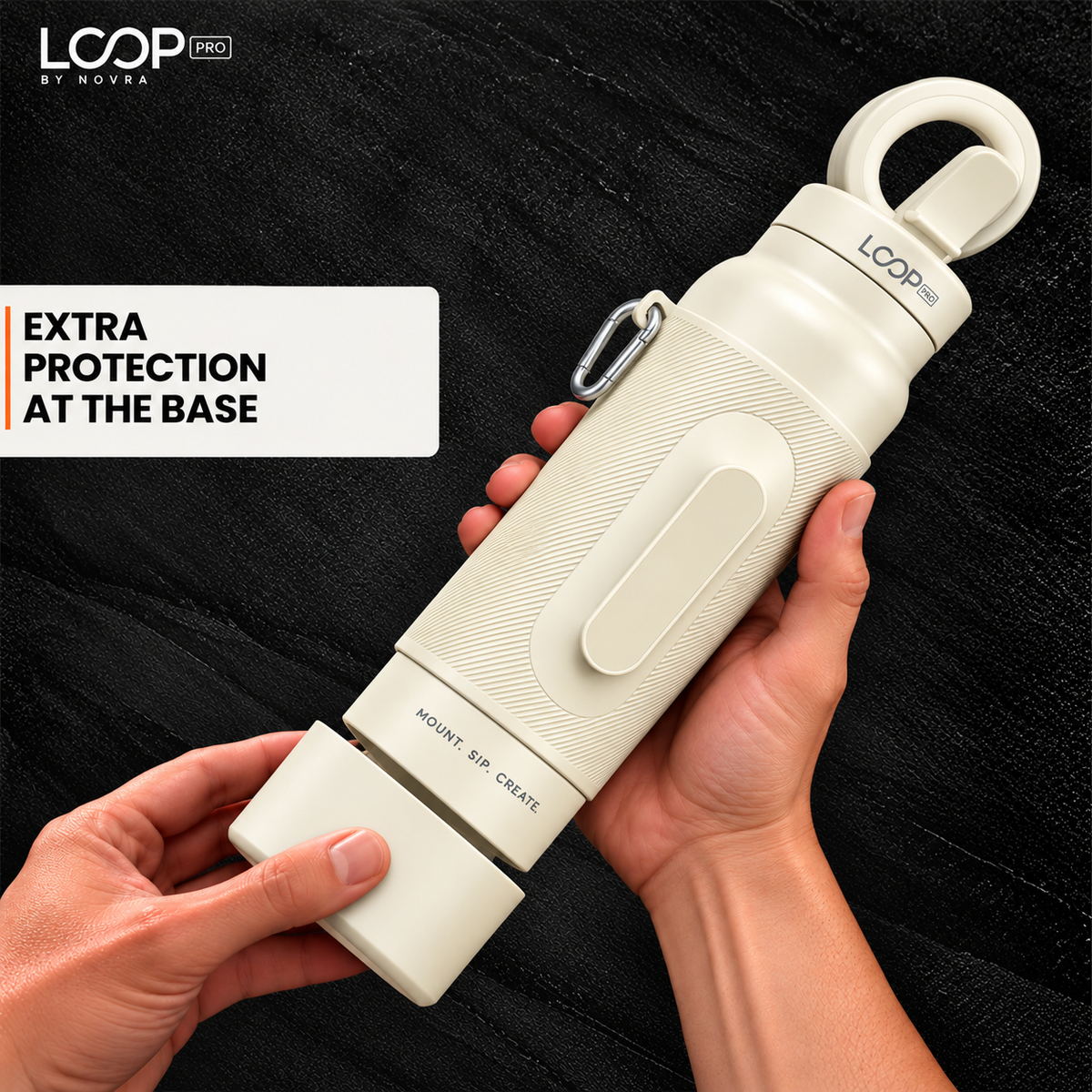 LOOP PRO bottle in Ivory Cream with grip sleeve and magnetic phone mount [colour:Ivory]