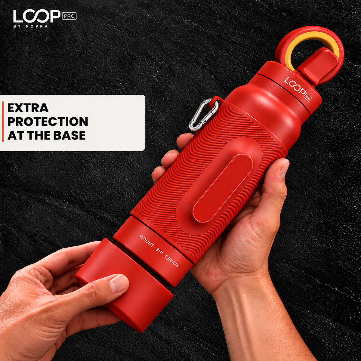 LOOP PRO bottle in Ember Red with grip sleeve and magnetic phone mount [colour:Ember]
