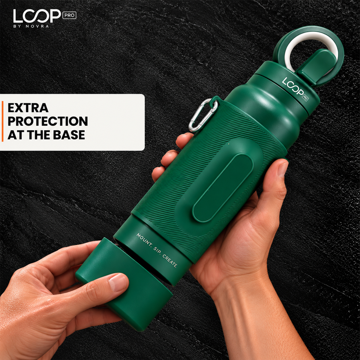 LOOP PRO bottle in Forest Green with grip sleeve and magnetic phone mount [colour:Forest]