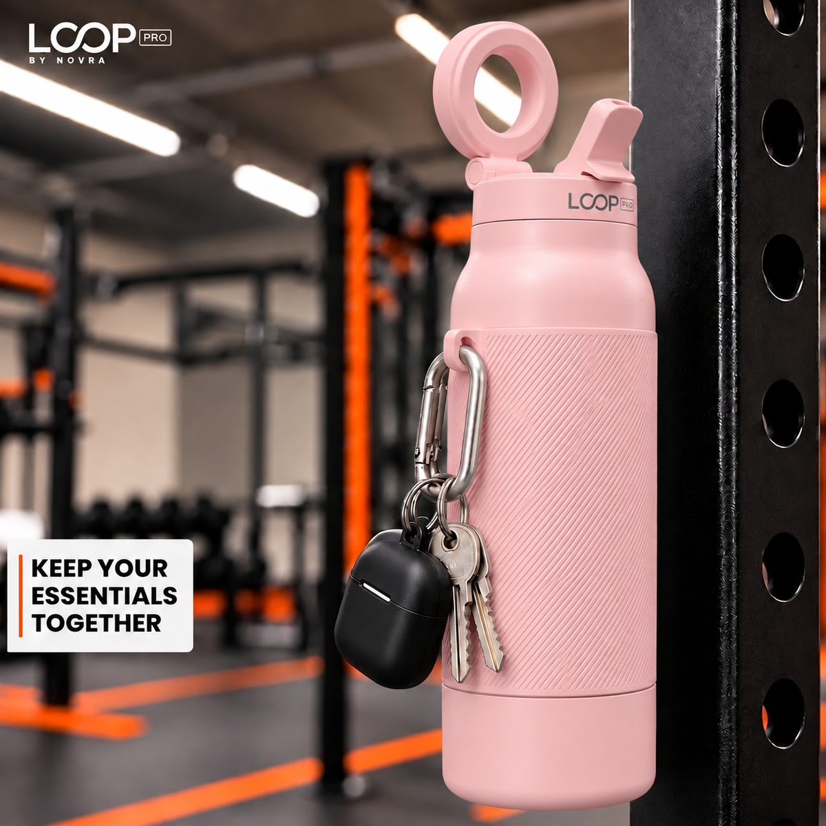LOOP PRO bottle in Blush Pink with grip sleeve and magnetic phone mount [colour:Blush]