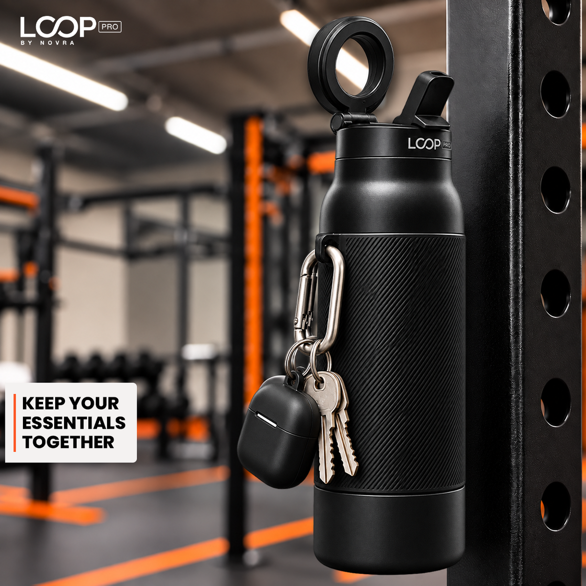 LOOP PRO bottle in Onyx Black with grip sleeve and magnetic phone mount [colour:Onyx]