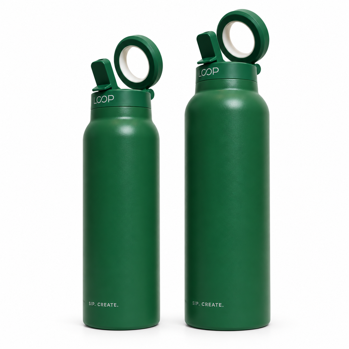 Forest green LOOP bottles side by side: 24 oz on the left, 32 oz on the right.